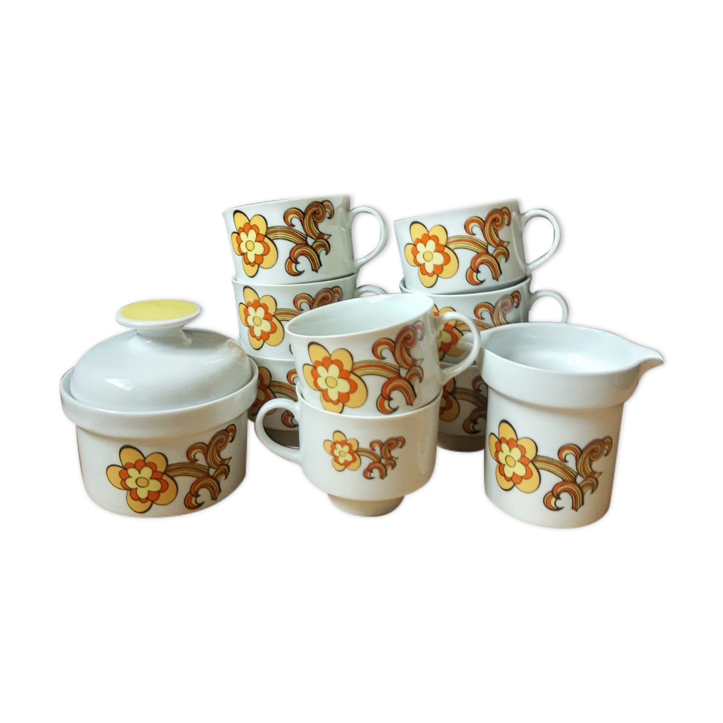 Set 11 coffee cups, sugar bowl and milk pitcher Wunsiedel Bavaria vintage