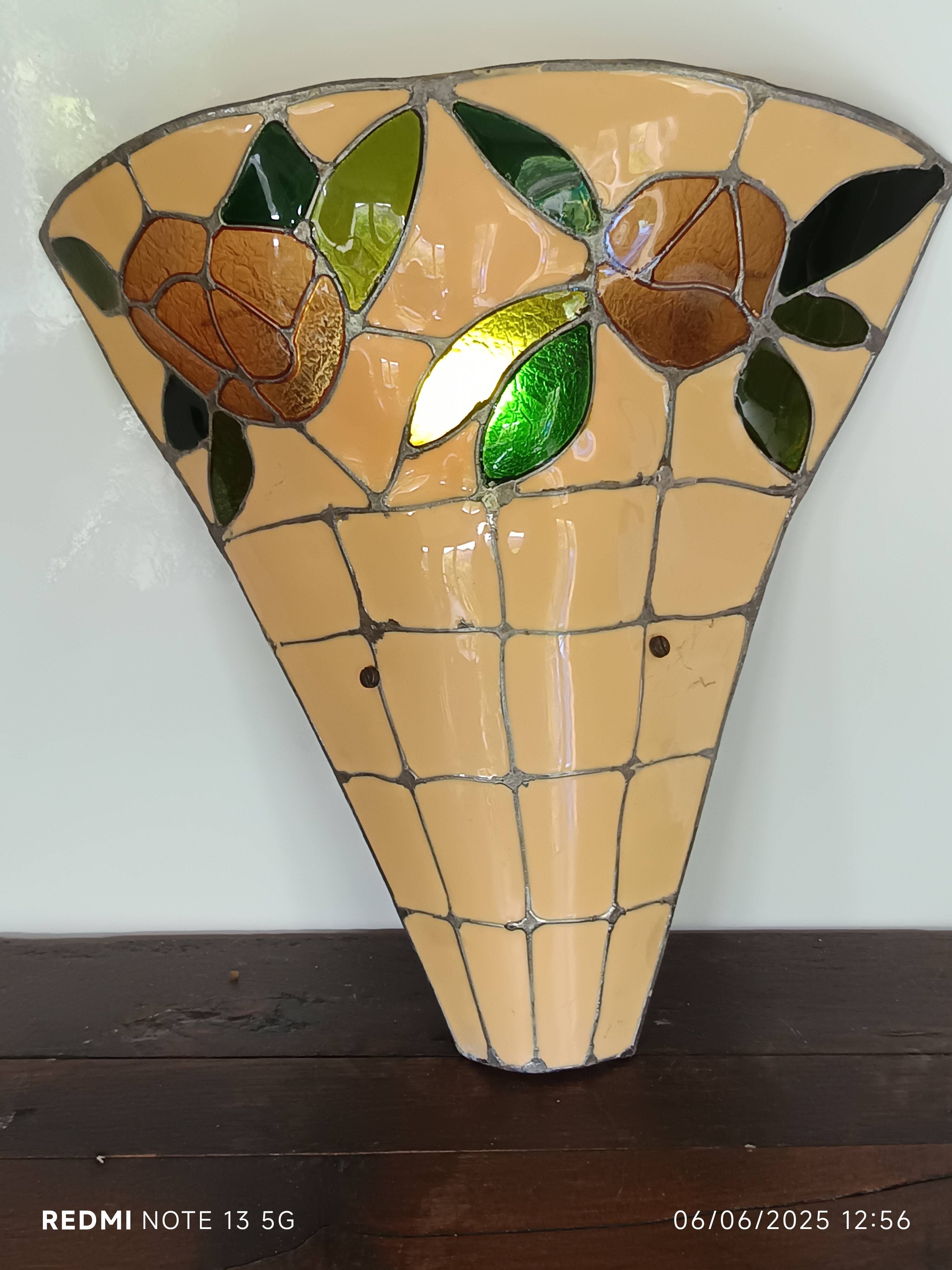 Stained glass and brass wall light from the 1970s