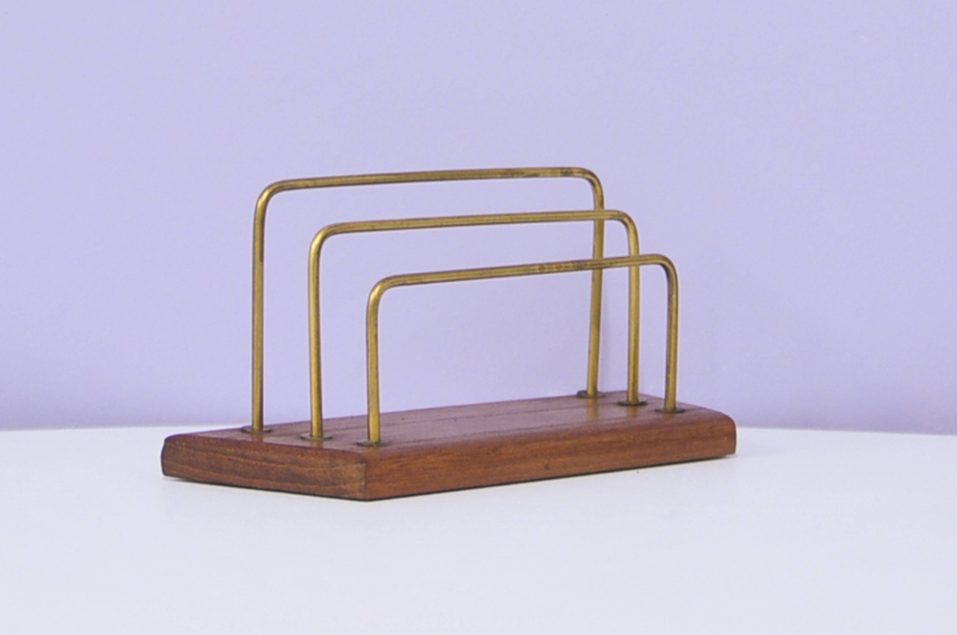 porte lettre vintage en teck 3 supports en laiton