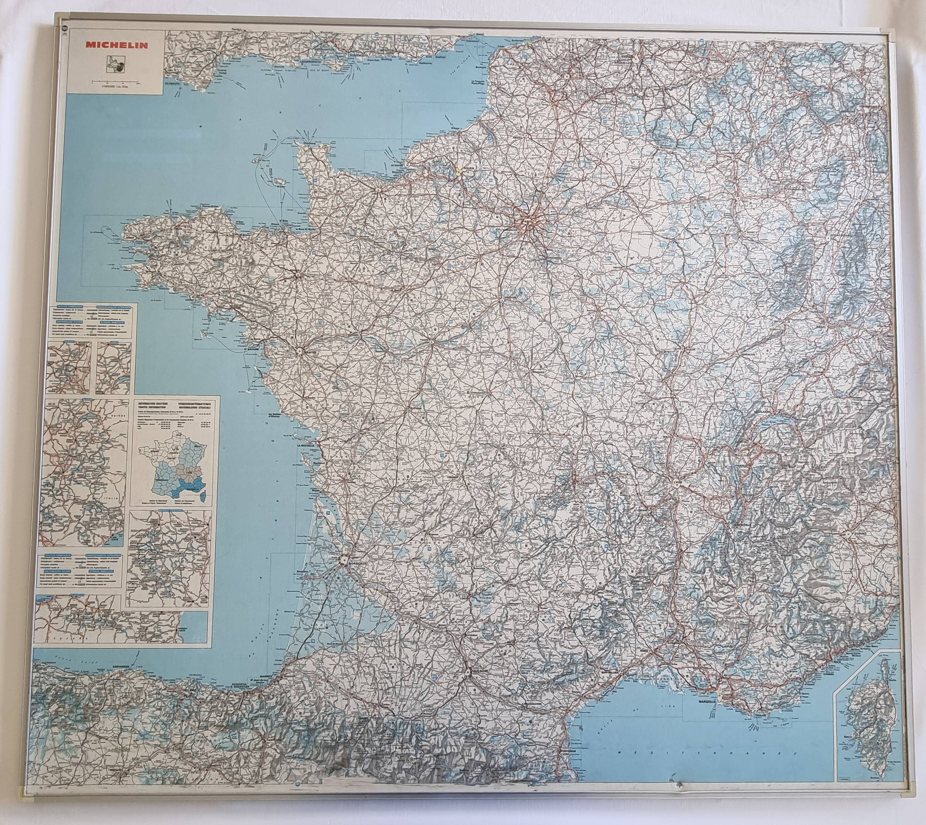 Framed vintage "Michelin" road map from the 80s, 111 cm x 100 cm