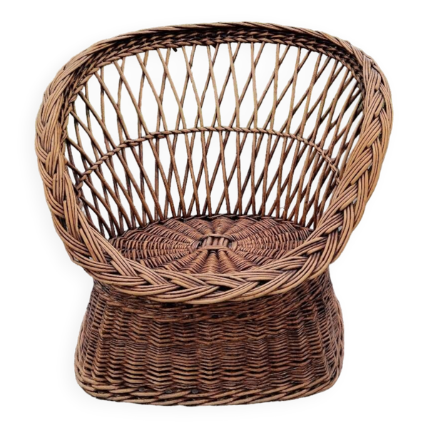 Ancien fauteuil trone corbeille en osier tressé