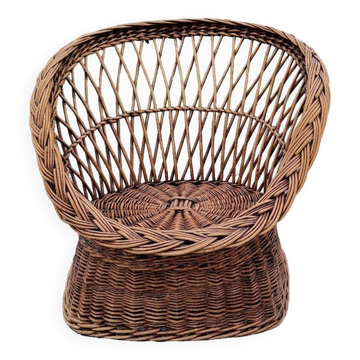 Ancien fauteuil trone corbeille en osier tressé