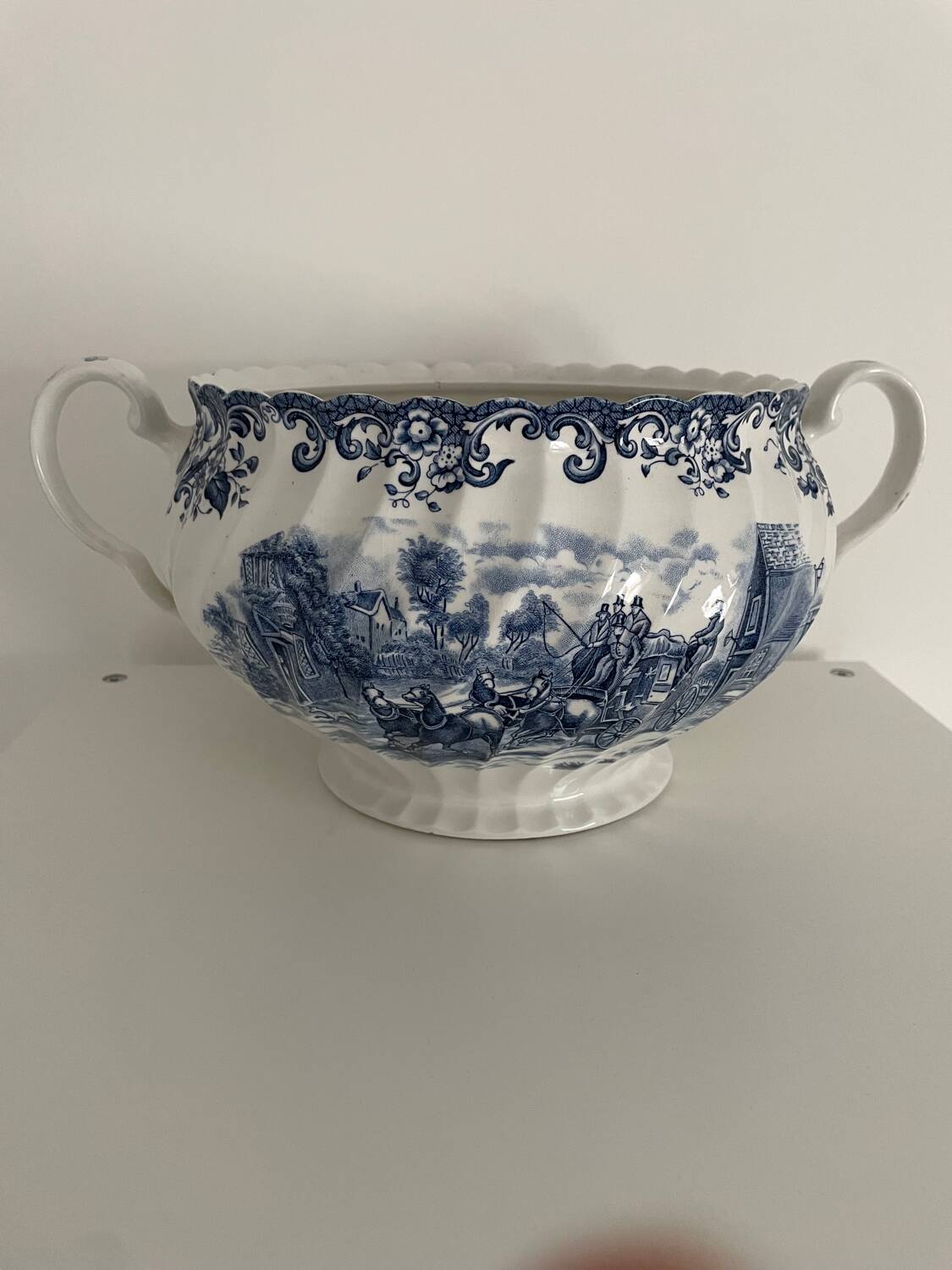 Antique English earthenware tureen, Johnson Bros “coaching scenes” model.