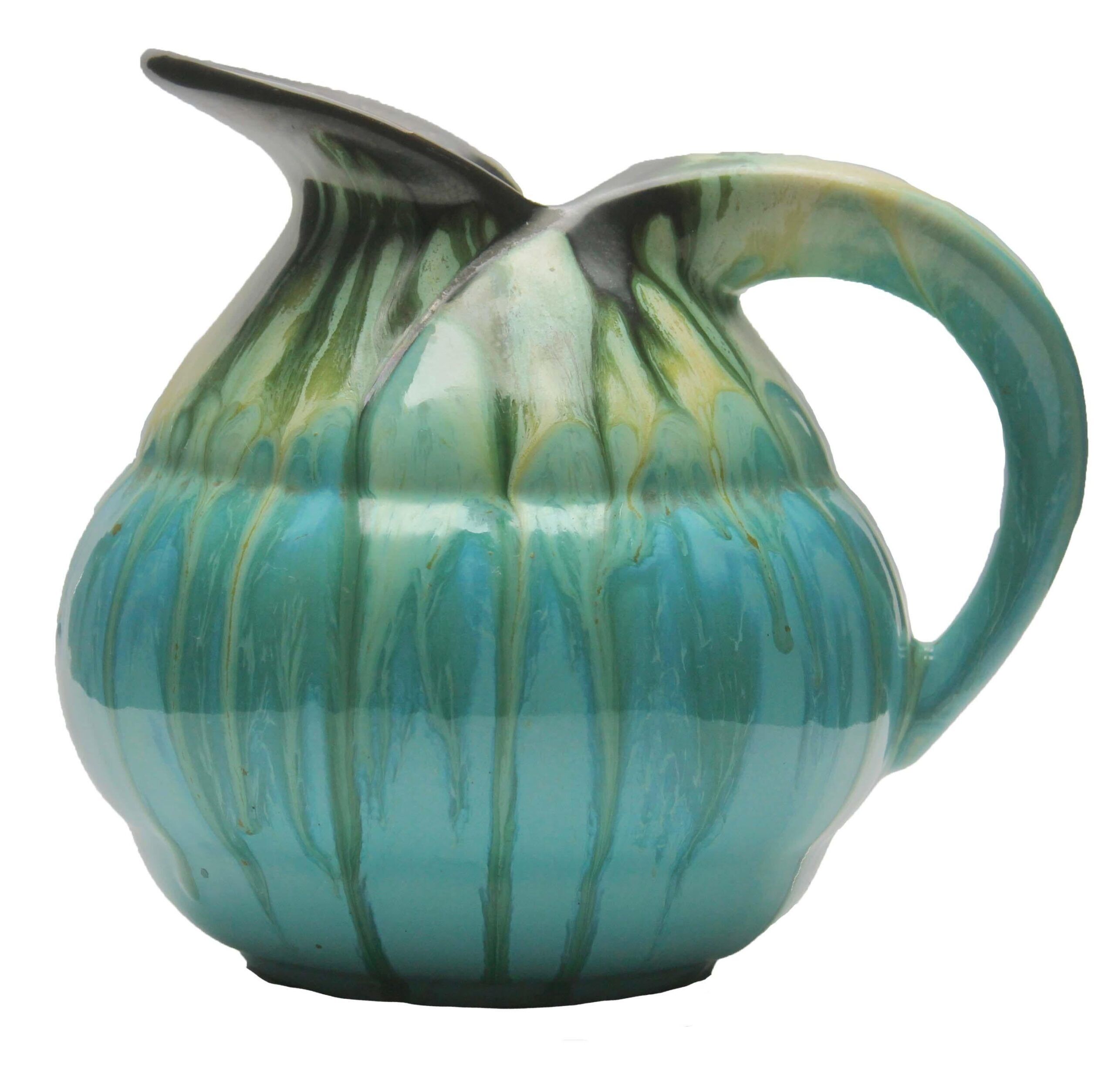 Ceramic pitcher glaze drop light blue, signed belgium