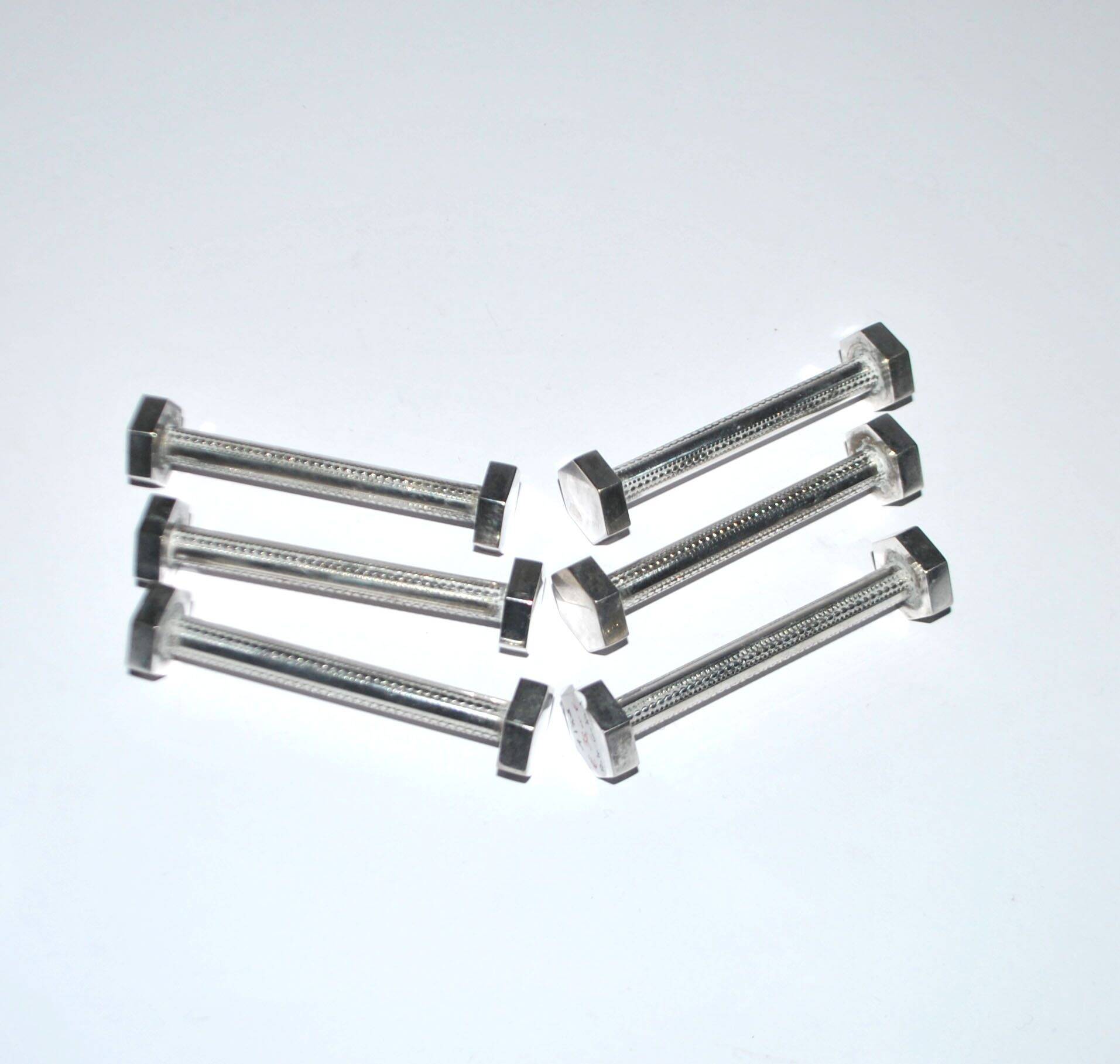 Set of 6 modernist industrial design silver metal nut and bolt knife rests