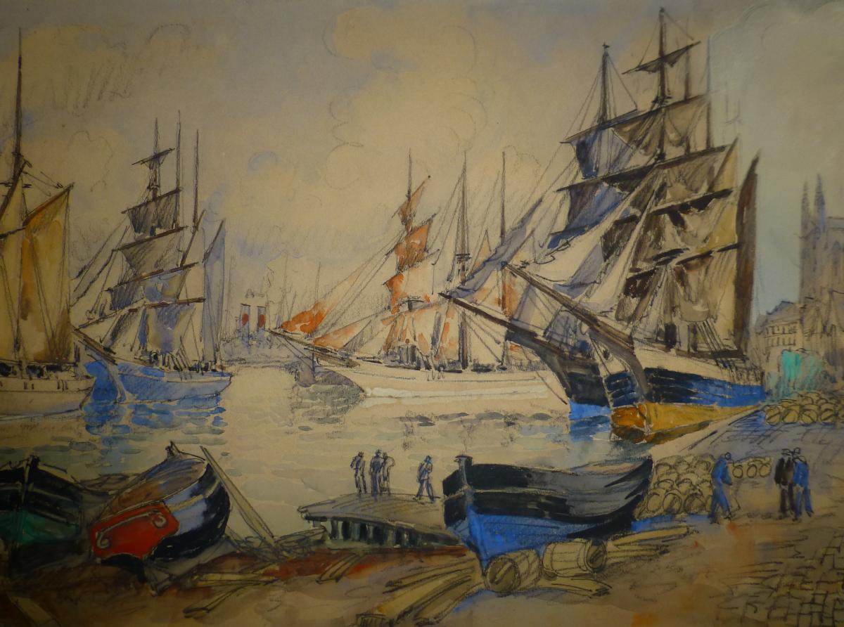 Frank Will (1900-1950) Grand Port Aux Trois Mats, Fécamp, grande aquarelle