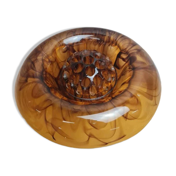 Coupe centre de table Art Déco Davidson « Cloud Glass » ambré – pique-fleurs vintage anglais