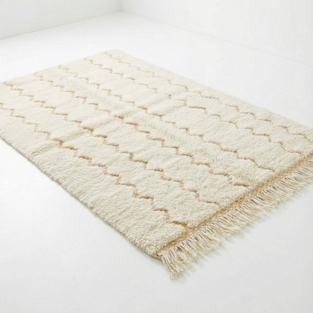 White Moroccan rug in wool with yellow zigzag 150x250 cm