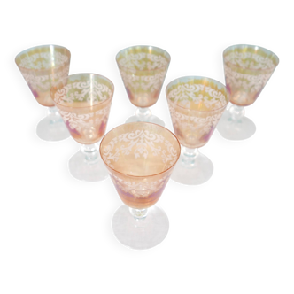 6 Orange Tinted Etched Glass Wine Glasses
