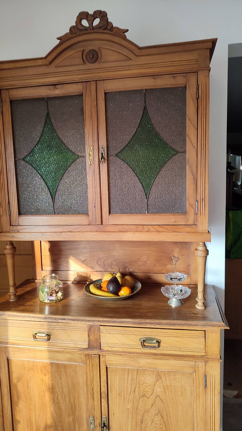 2-part wooden and stained-glass sideboard
