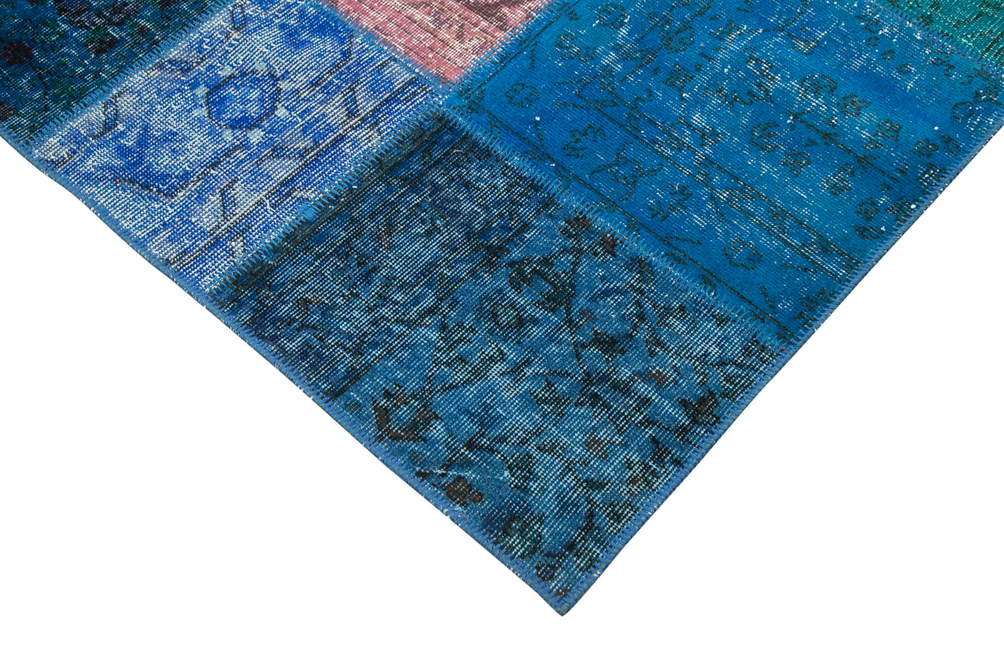 Handwoven anatolian contemporary 204 cm x 300 cm blue patchwork carpet