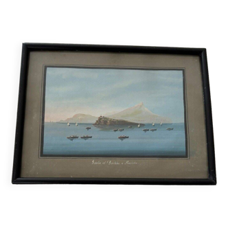 19th century Neapolitan gouache titled Isola d'Ischia e Procida wooden frame