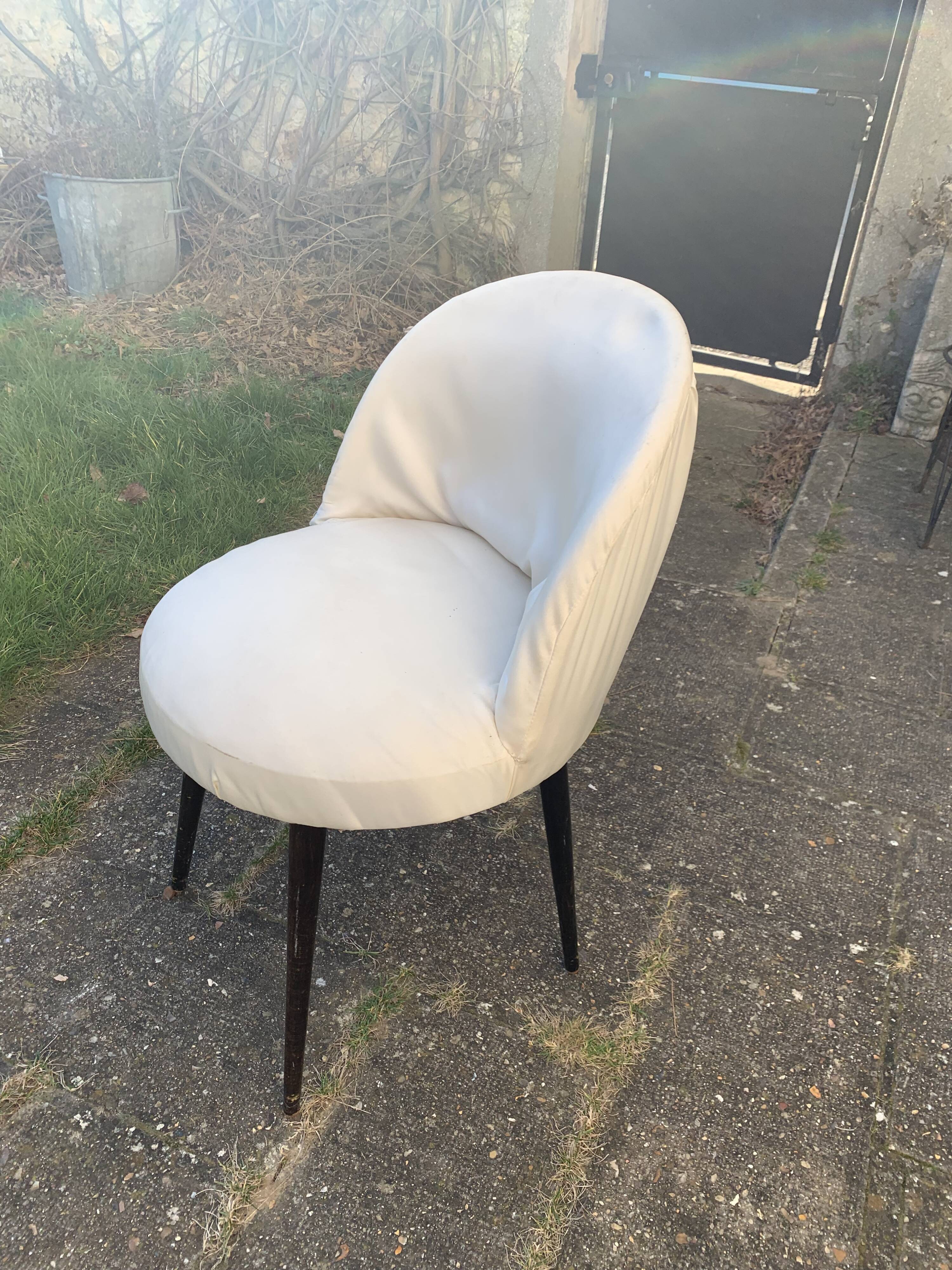 Vintage 1950s white satin armchair with compass legs