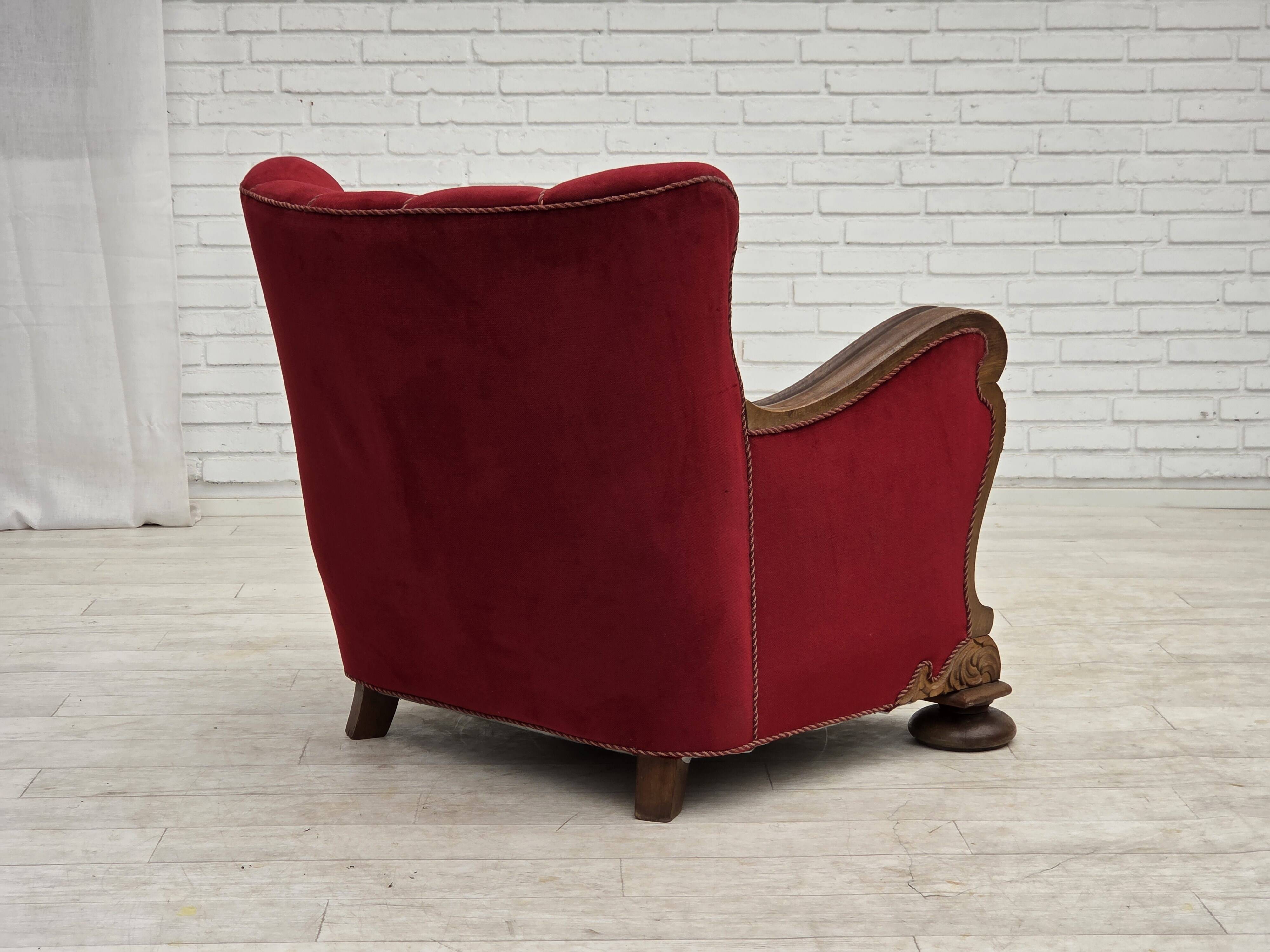 1950s, Danish relax armchair, furniture velour, carved oak wood.