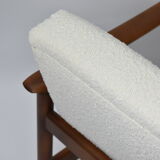 Fauteuil vintage original restauré poil de bras, designer E. Homma, années 1960, blanc bouclé