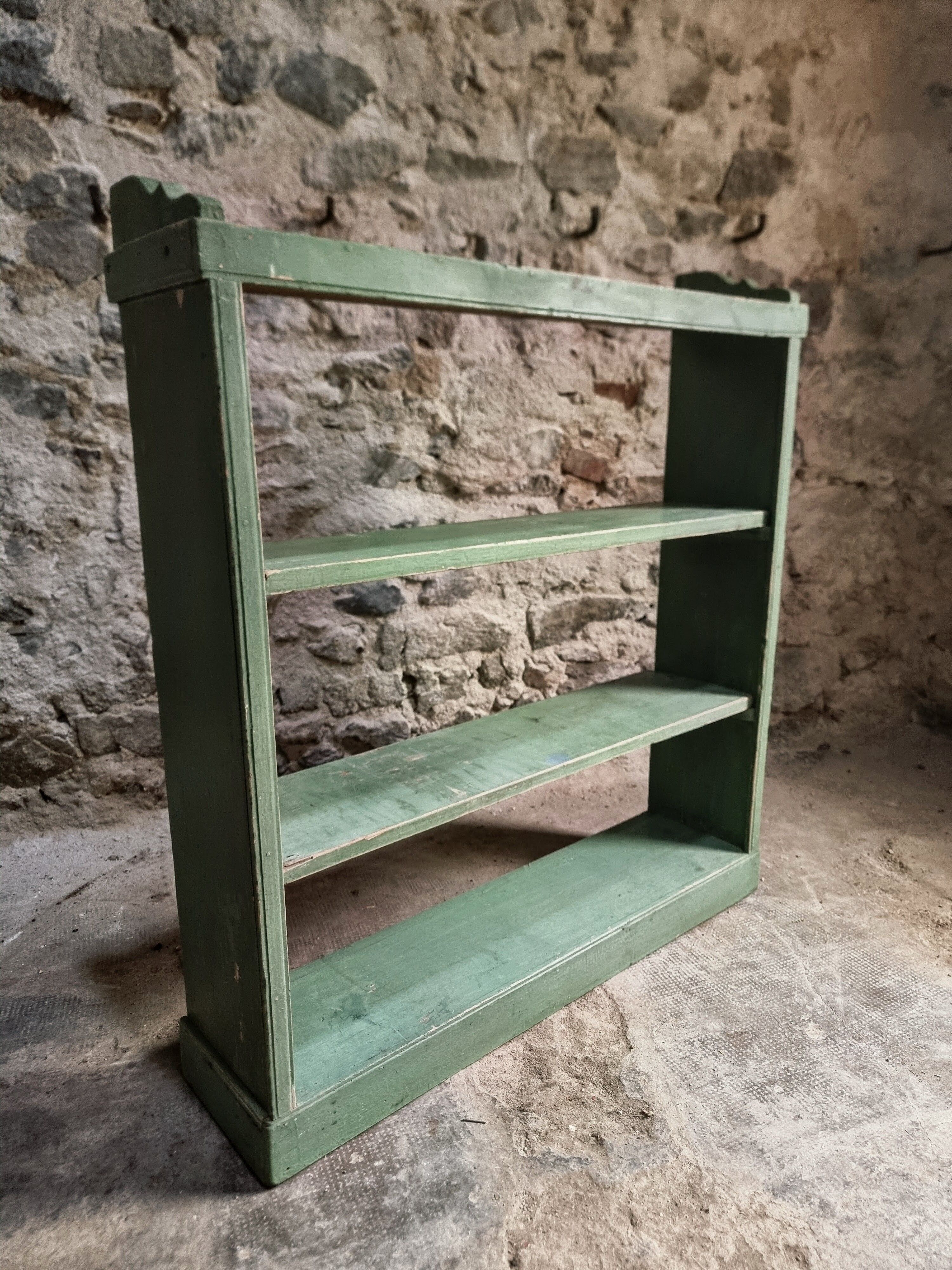 Vintage open pine shelf, original sage green paint, circa 1900–1930.