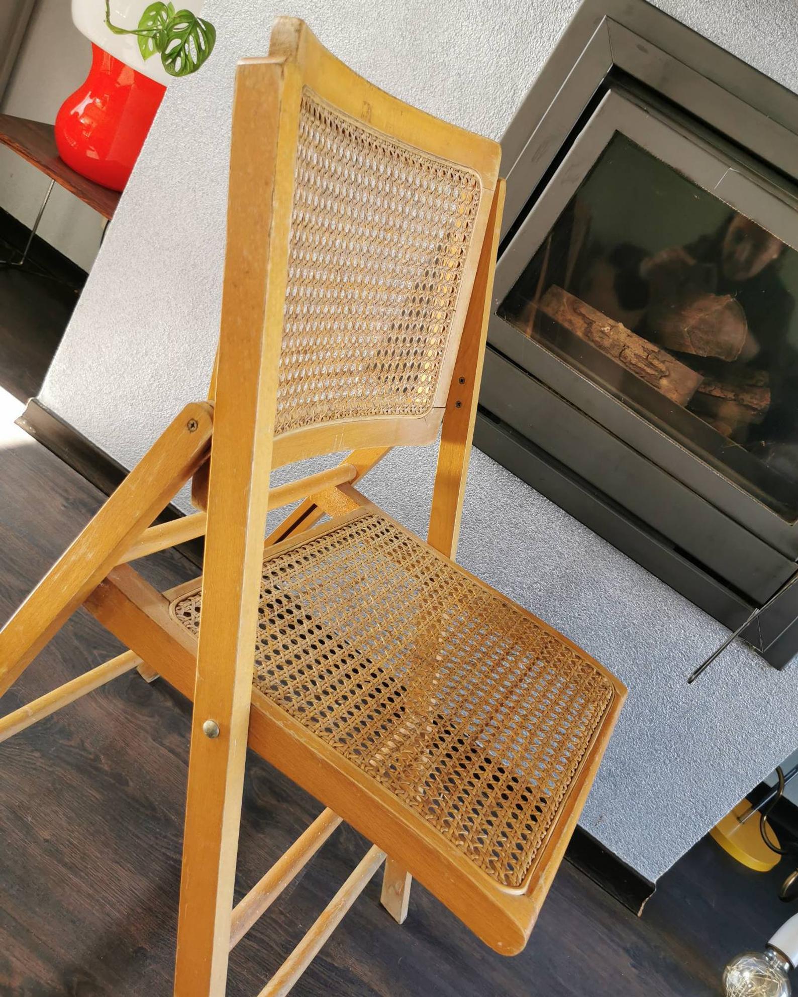 Vintage wooden folding chair with 1970 rattan seat and back