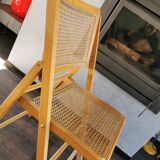 Vintage wooden folding chair with 1970 rattan seat and back