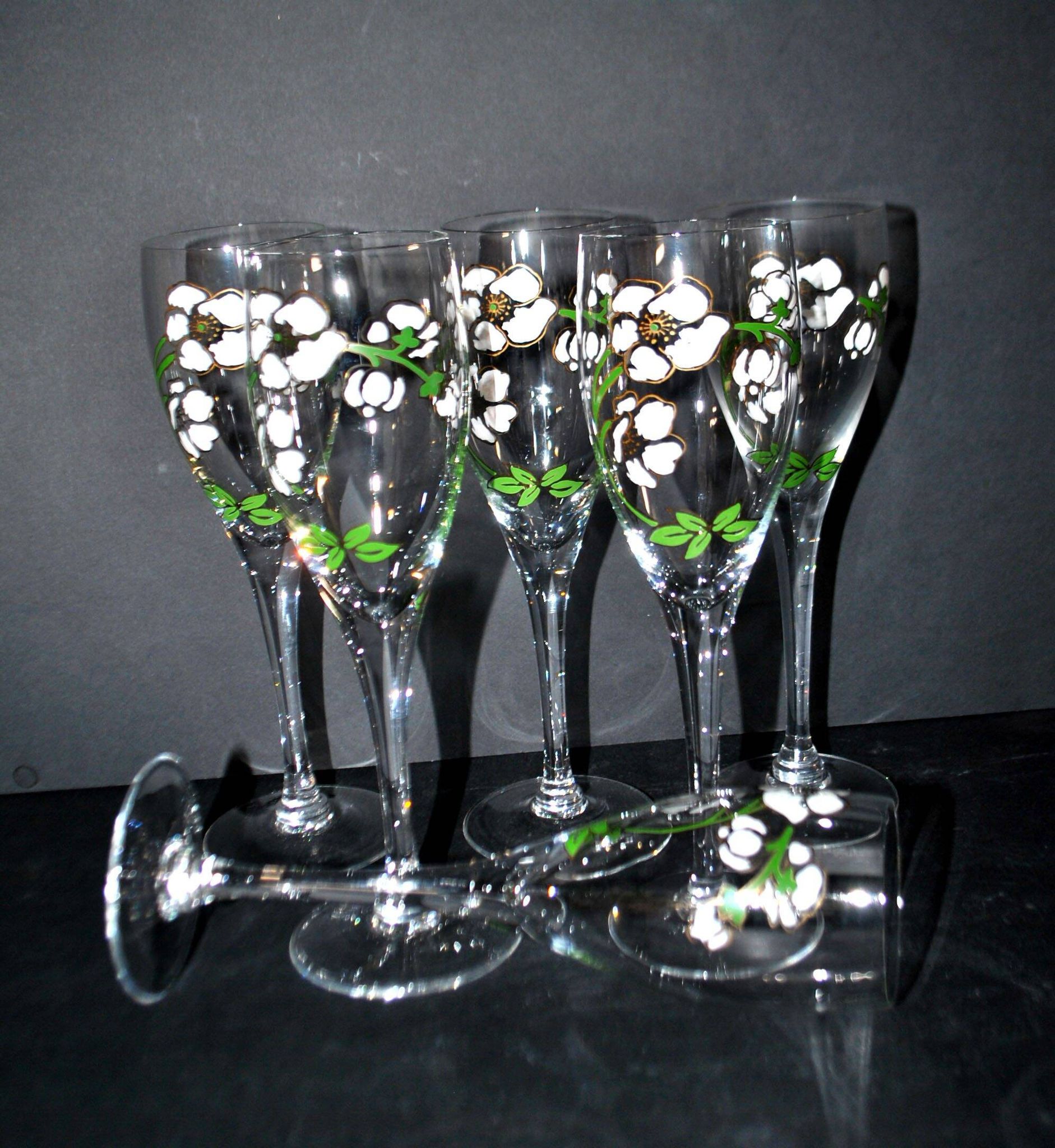 Perrier Jouet set of 6 Anemone Cuvée Belle Epoque champagne flutes in Gallé enamelled crystal