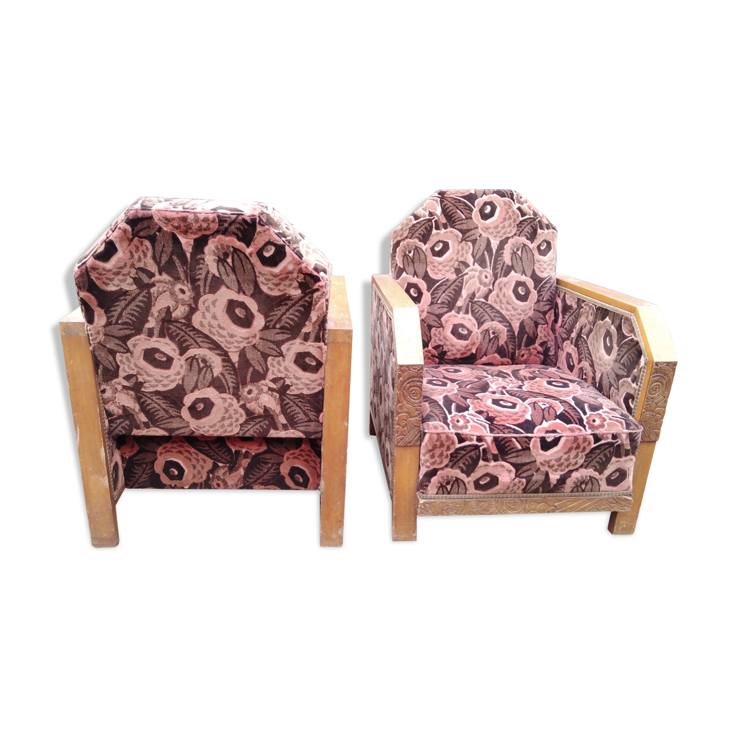 Pair club art deco armchair, carved wood structure, period 1930/50