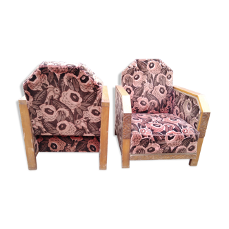 Pair club art deco armchair, carved wood structure, period 1930/50