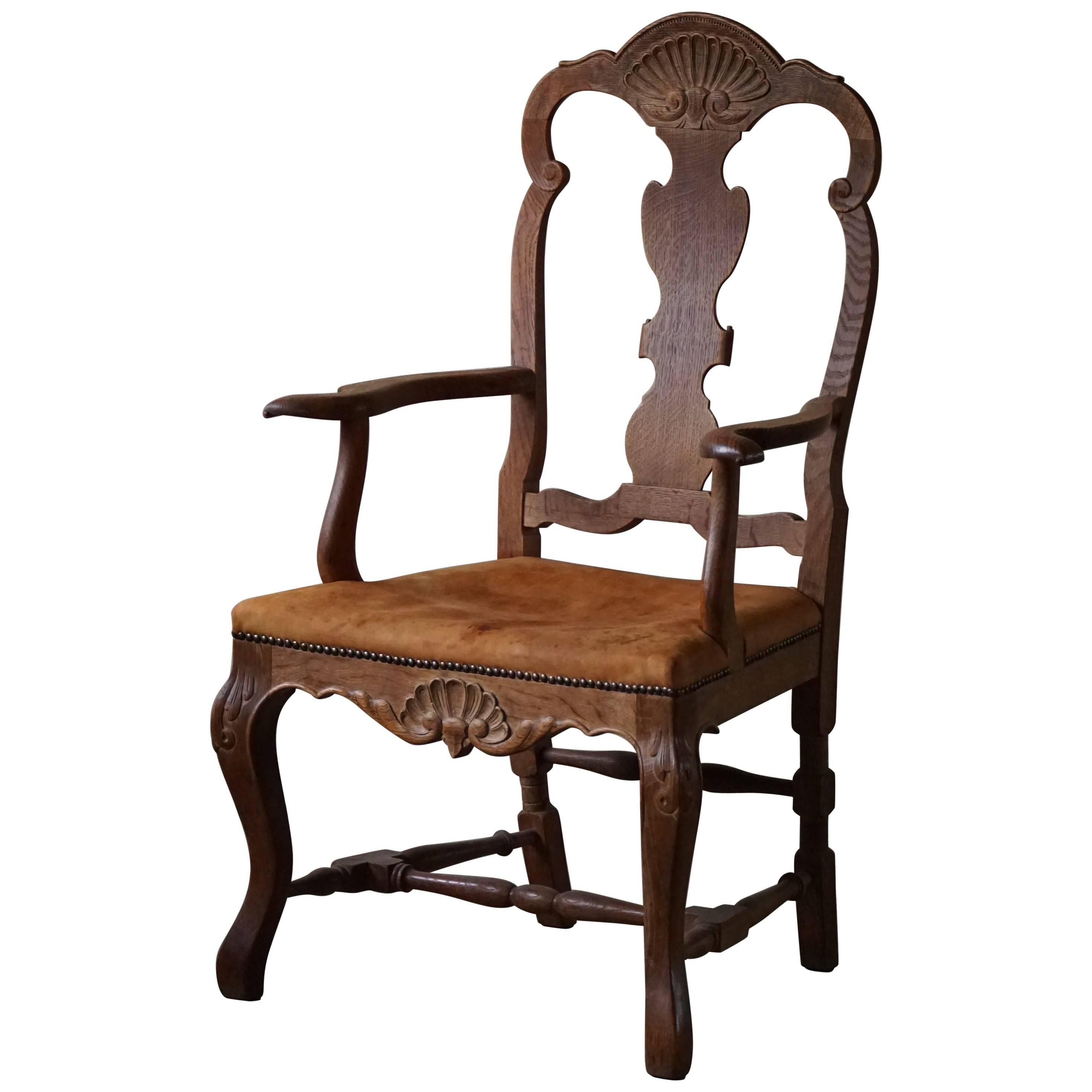 Vintage Sculptural Armchair in Oak and Leather, Danish Modern, 1940s
