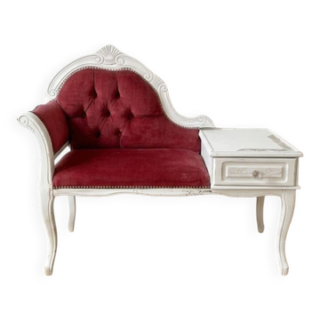 Fauteuil liseuse Louis XVI bois blanc et velours rouge