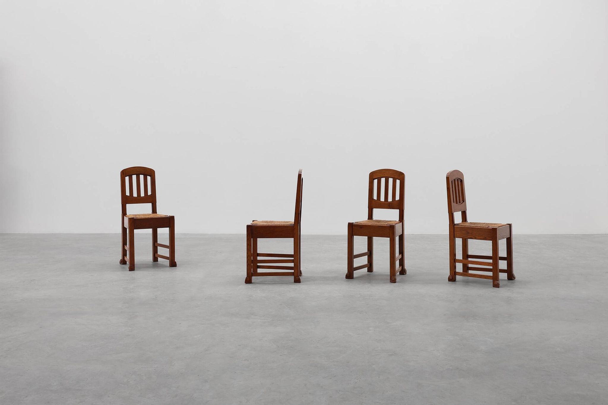 Set of 4 Early Art Deco Oak & Wicker Dining Chairs, Belgium, 1915