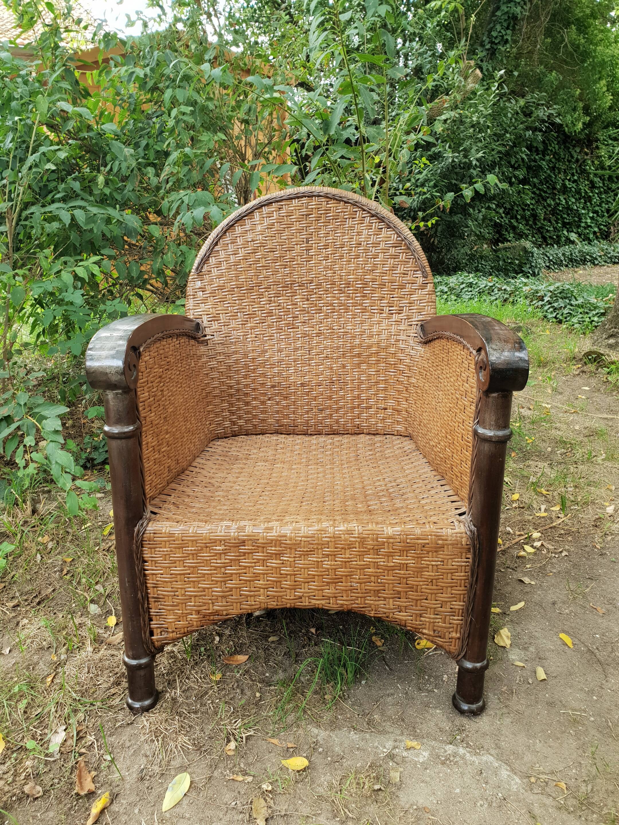 Paire de fauteuils en bois et rotin 1980
