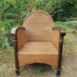 Paire de fauteuils en bois et rotin 1980