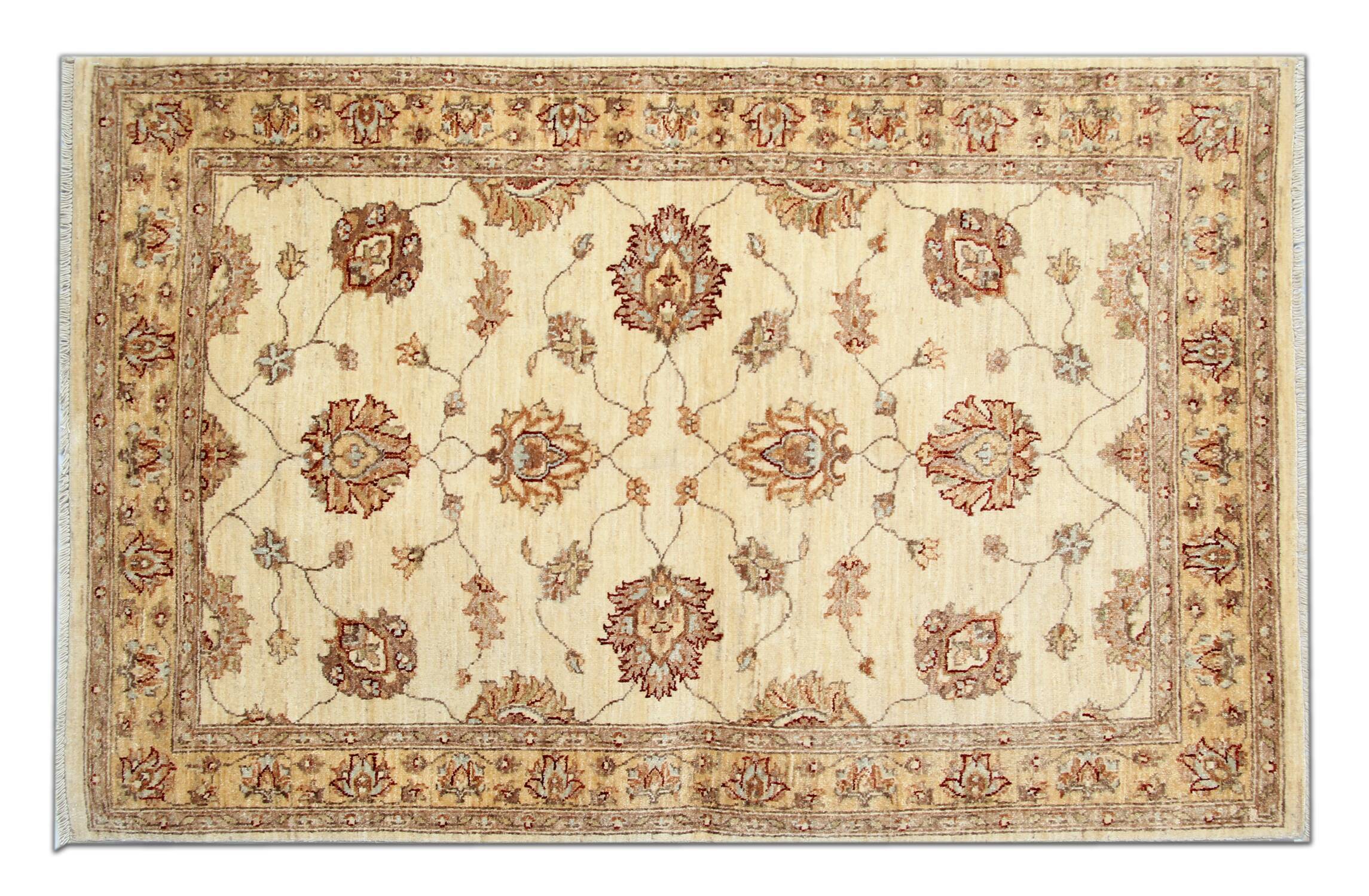 Handmade Cream Wool Rug, Traditional Floral Carpet for Bedroom Living Room