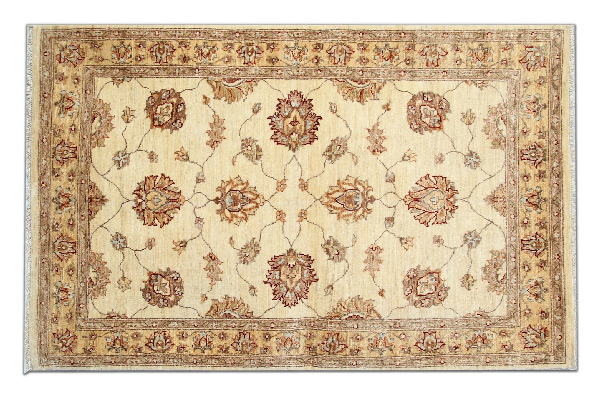 Handmade Cream Wool Rug, Traditional Floral Carpet for Bedroom Living Room