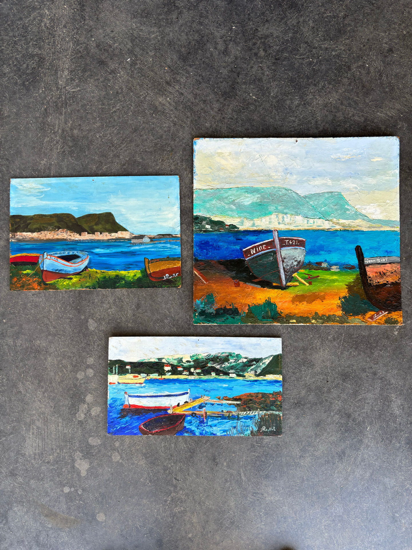 Suite de 3 huiles sur panneaux - paysages marins