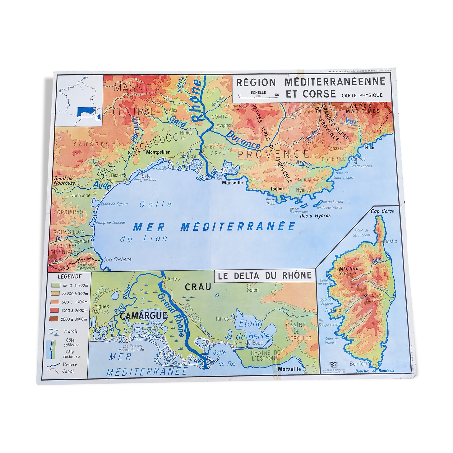 Poster school map Mediterranean Region and Corsica Massif Central