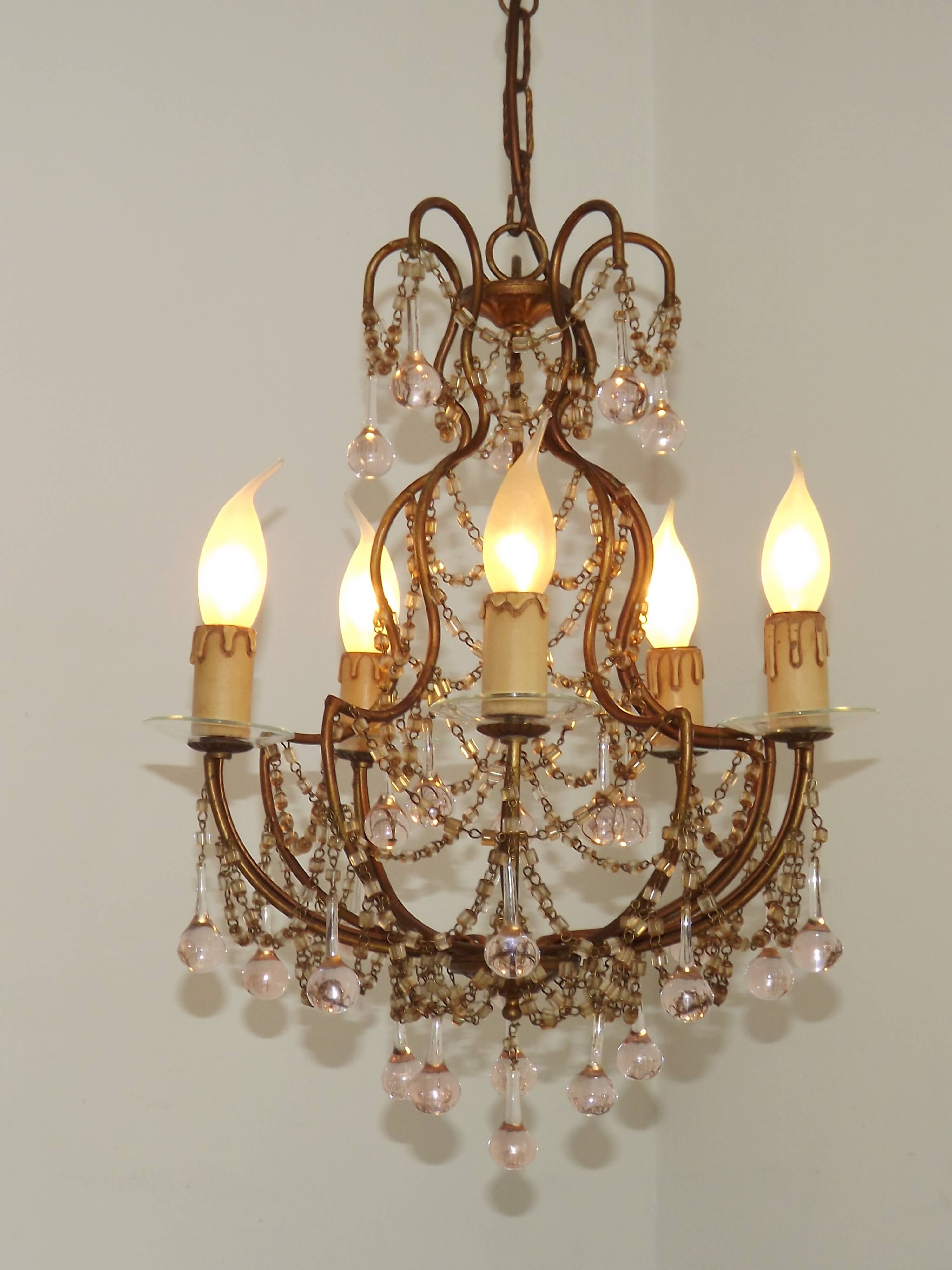 Vintage Italian 5 Arm Gilded Metal Cage Chandelier Beads &Pink Murano Drops
