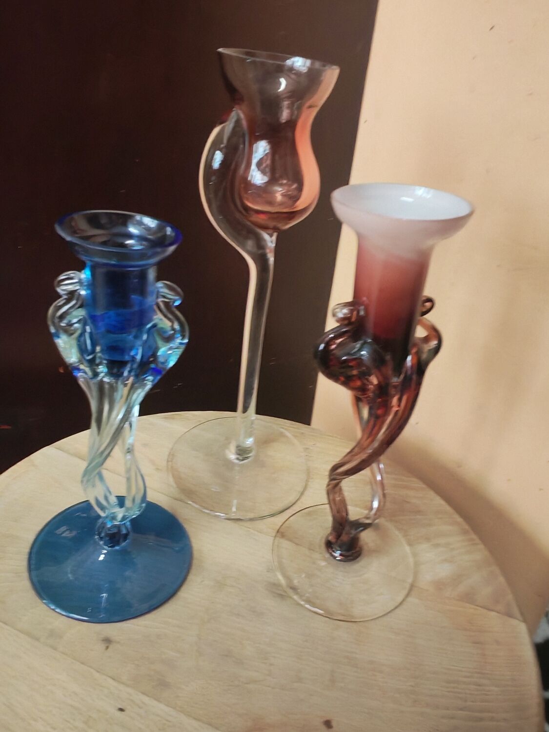 Set of three vintage blown glass candle holders Krosno Poland.