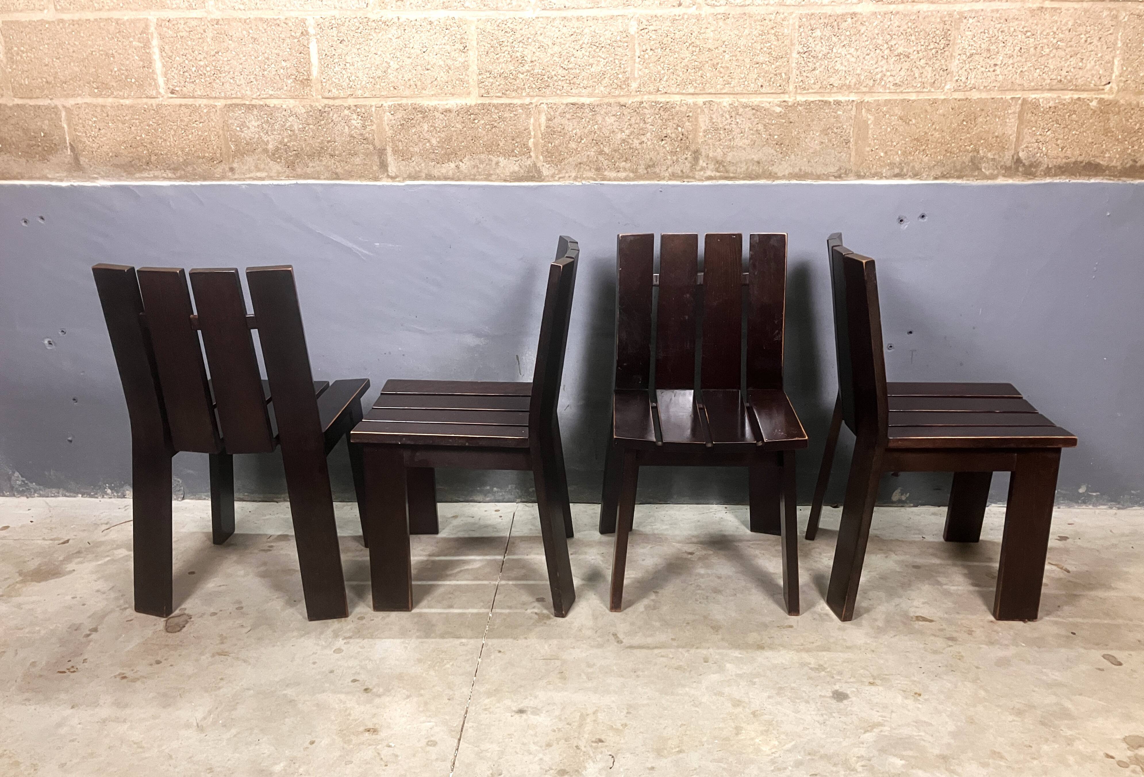 Chaises de salle à manger brutalistes et modernistes des années 70 en bois marron architectural