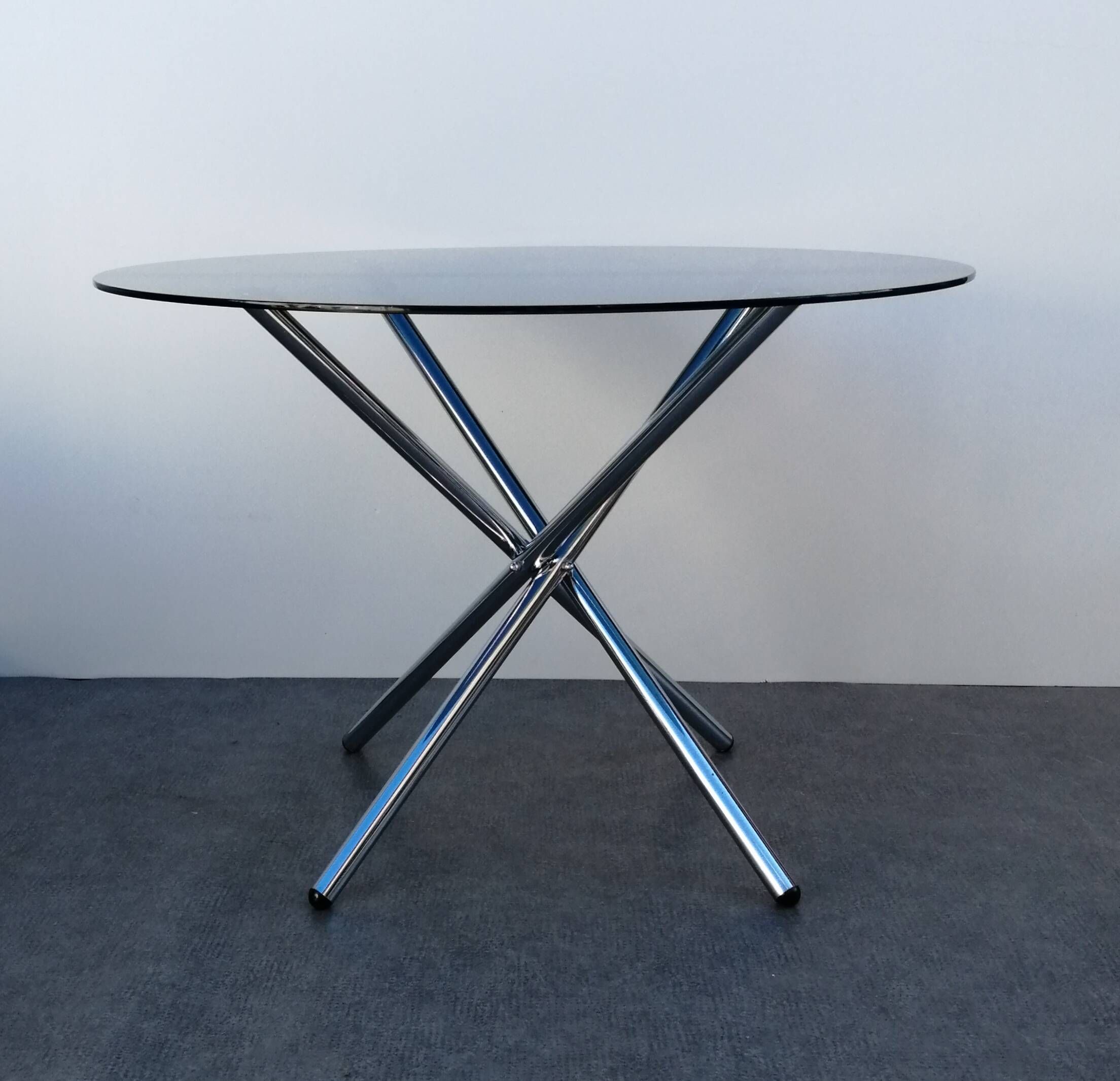 Designer smoked glass table, chrome Mikado base, vintage 1970