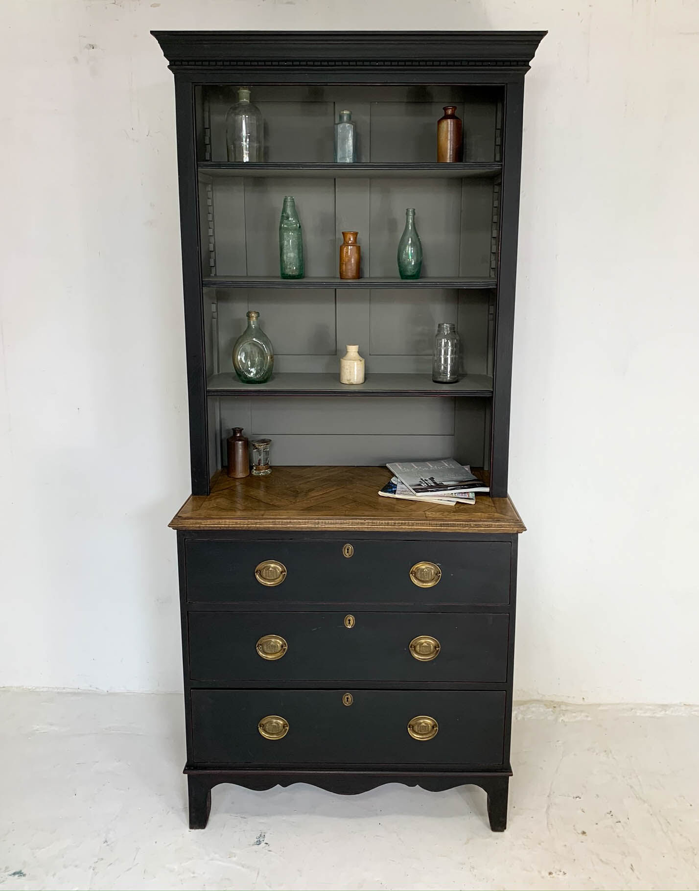 Antique black painted pine bookcase