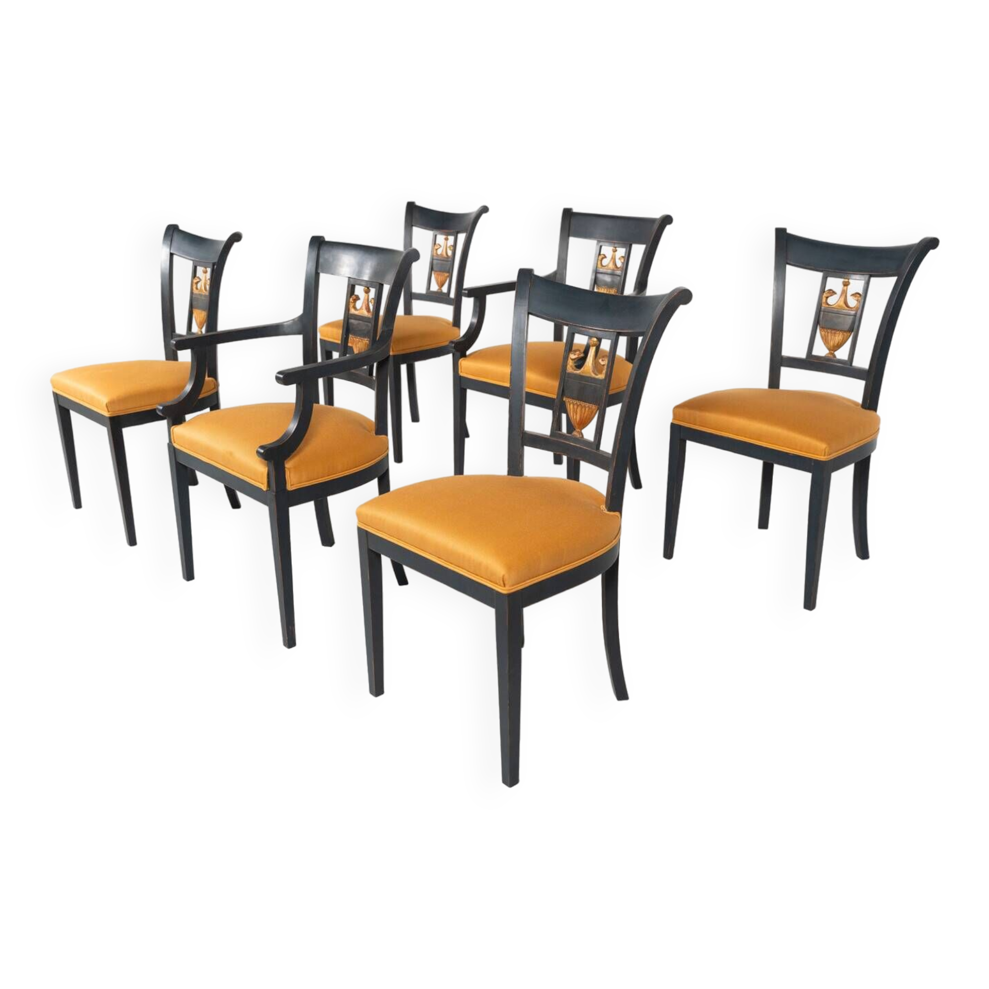 Set of 2 Black and Gold Armchairs and 4 Chairs, Empire style
