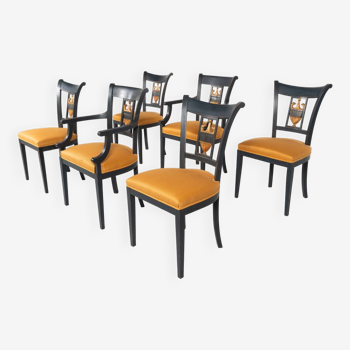 2 fauteuils et 4 chaises en bois noir, style Empire