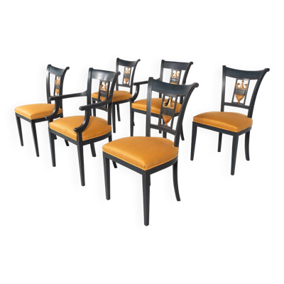 2 fauteuils et 4 chaises en bois noir, style Empire