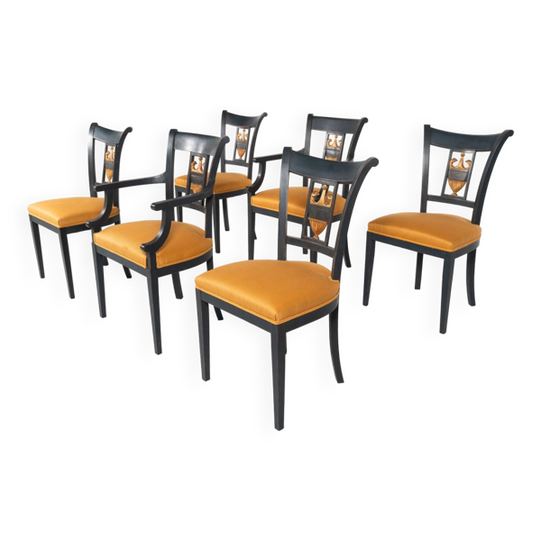 2 fauteuils et 4 chaises en bois noir, style Empire