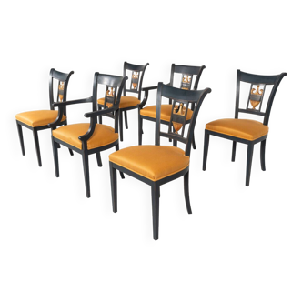 2 fauteuils et 4 chaises en bois noir, style Empire
