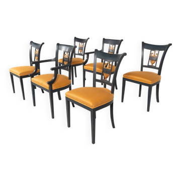 Set of 2 Black and Gold Armchairs and 4 Chairs, Empire style