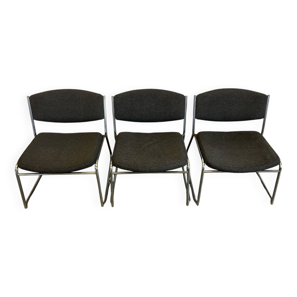 Paire de fauteuils vintage en métal et tissu gris chiné