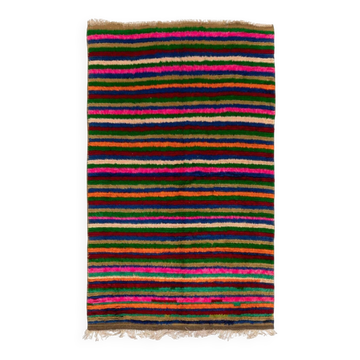 Colorful Vintage Hand-Knotted Turkish Tulu Rug with Horizontal Striped Design, 100% Wool