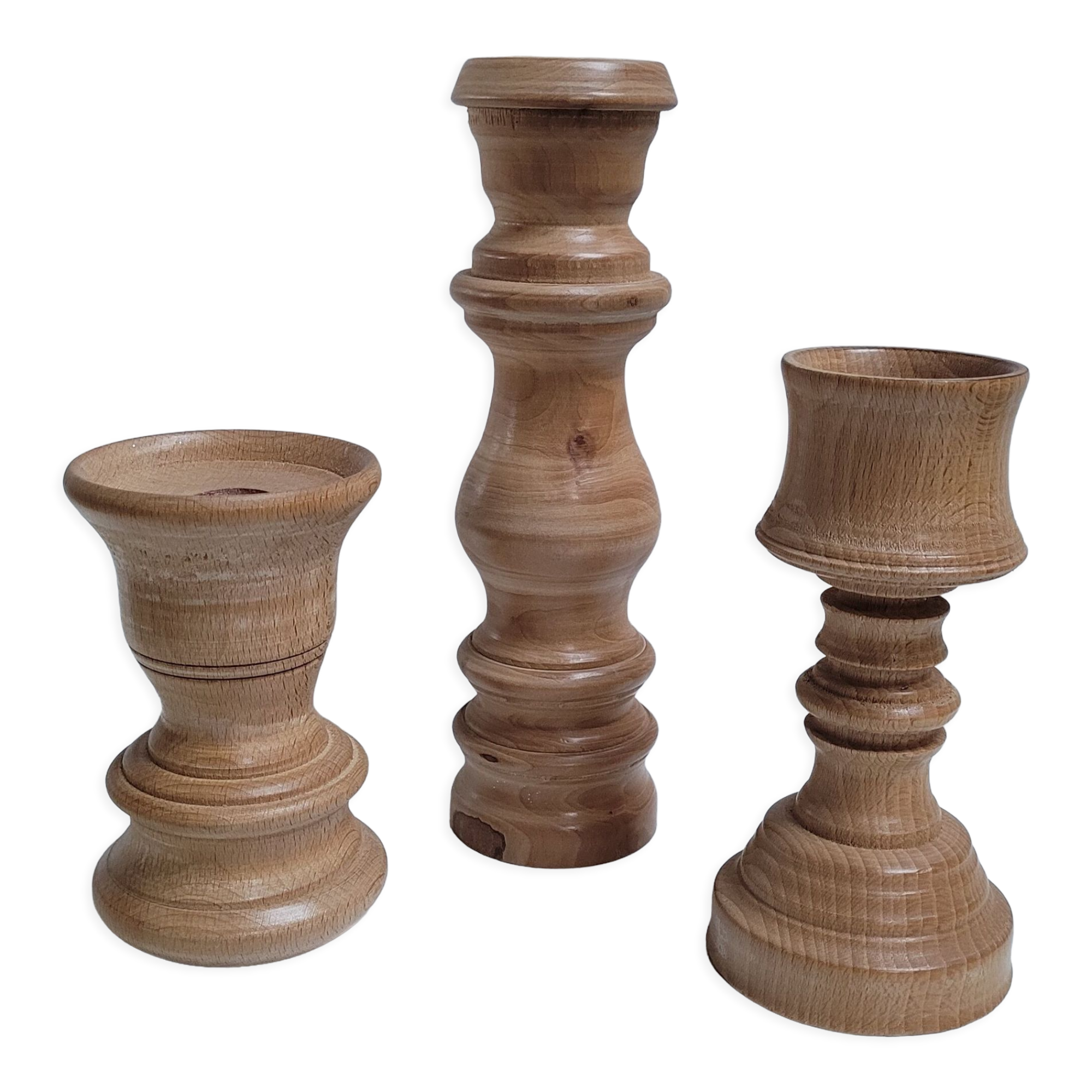 Trio turned wood candlesticks