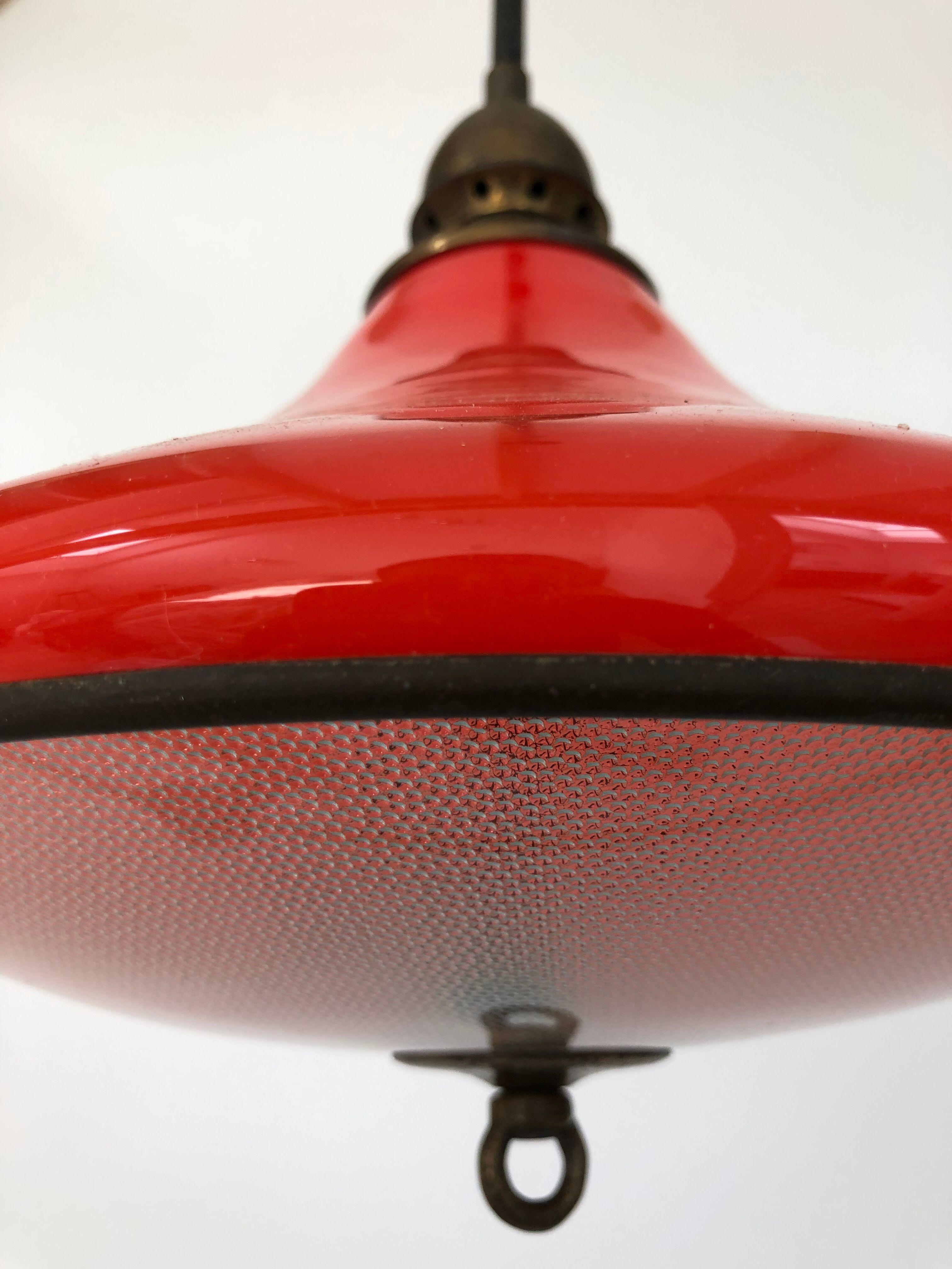 Vintage glass and brass pendant lamp / Italy, 60s