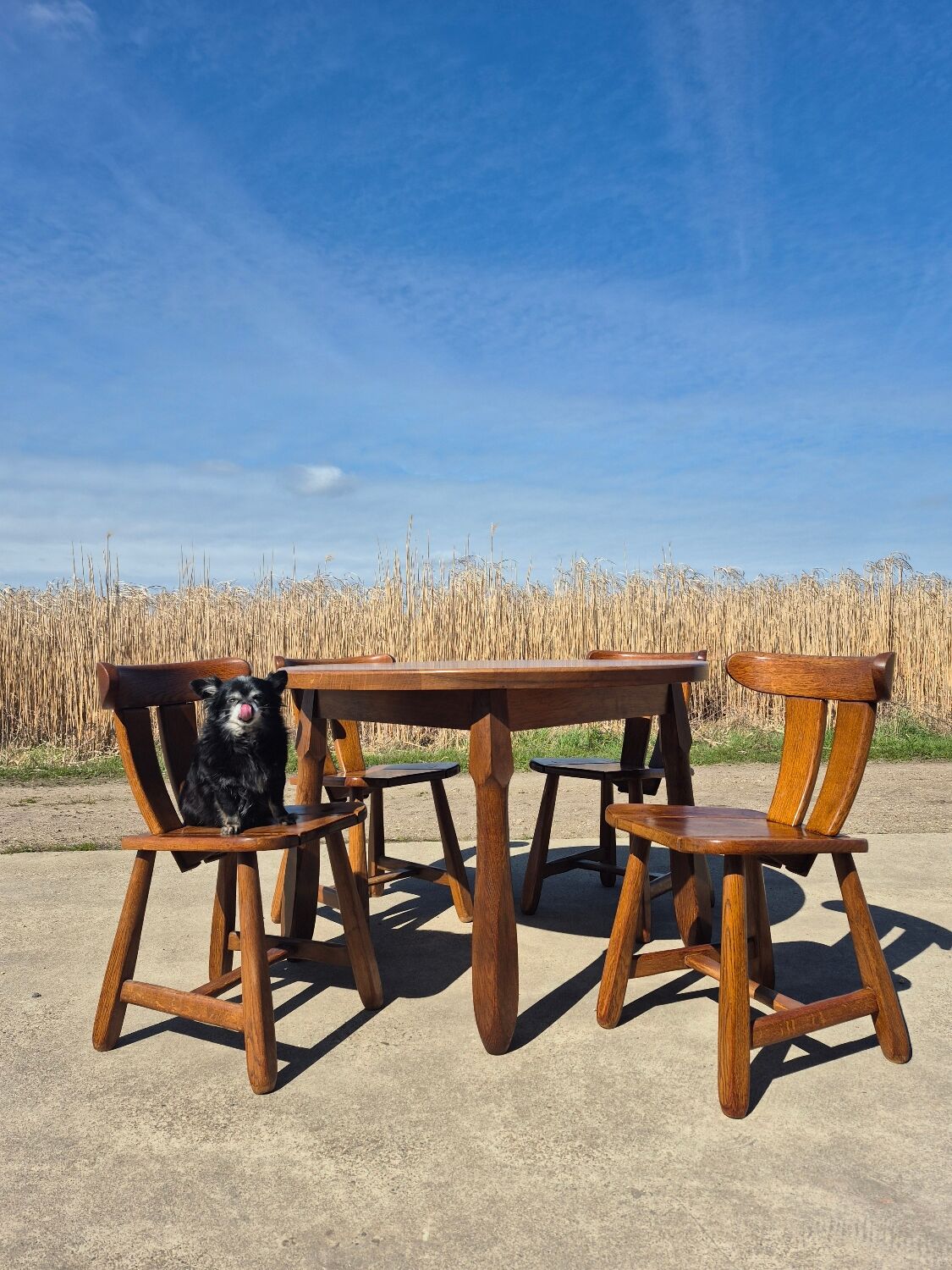 Brutalist set solid oak round dining table 4 chairs Depuydt Belgium